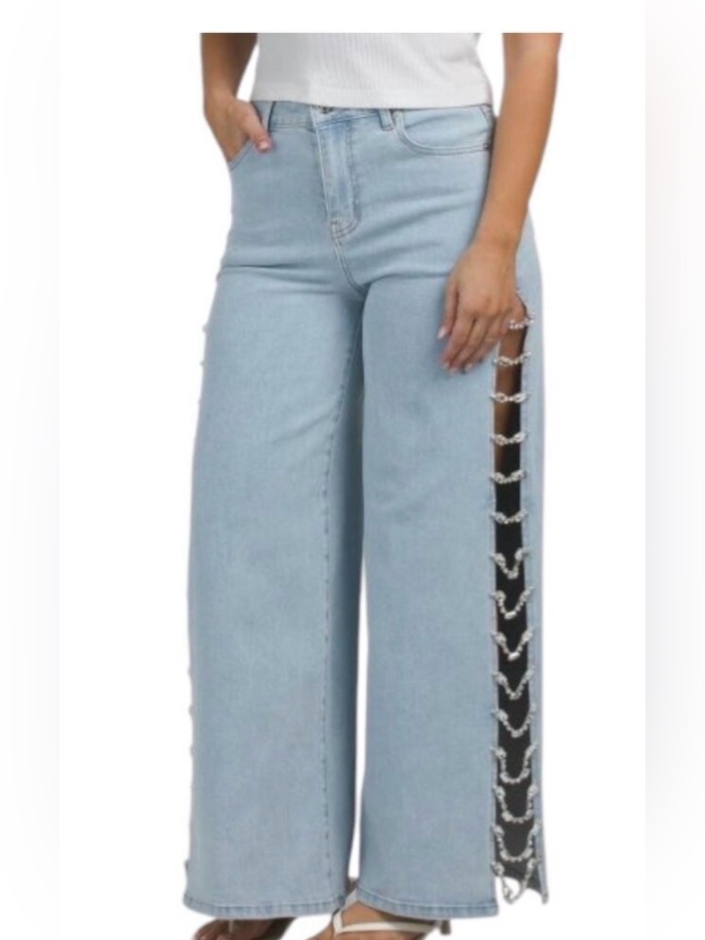 NEW Torn By Ronny Kobo Dalia Wide leg jeans with Rhinestones size 26
